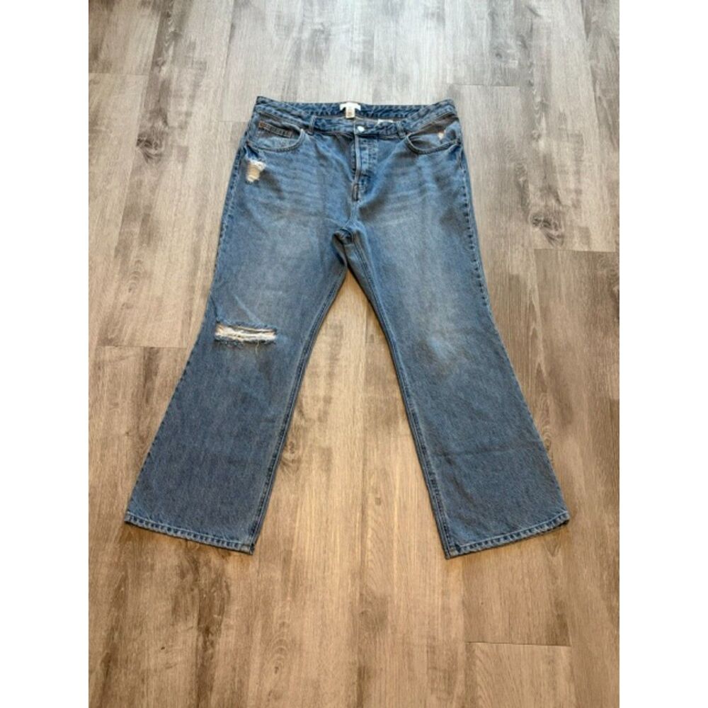 H&M Blue Denim Jeans Women's 16 Distressed Wide Leg Button Fly